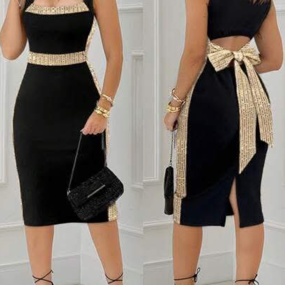 Commense Black and Gold Midi Dress